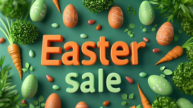 Easter concept. Top view photo witn spring vegetables, carrot, easter eggs, latuce and phrases "Easter sale" made of orange carrot on isolated green background. card idea for marketing. flat lay