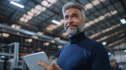 A professional in a manufacturing setting looking thoughtful while holding a tablet, with industrial equipment in the background.