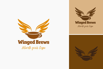 winged brews logo design template, Close up of a coffee cup with wings, ideal for designs related to energy, motivation, creativity, and the concept of flying.
