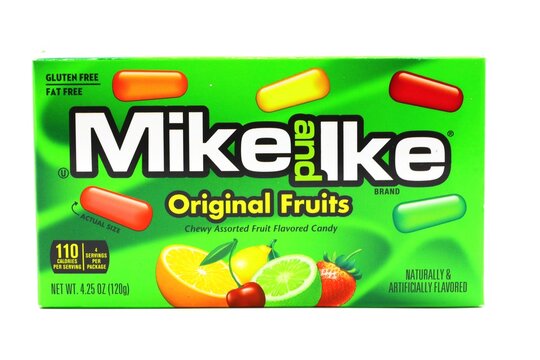 Box of Mike and Ike brand candy. isolated on white. popular chewy Candy coated treat. Cleveland, Ohio, USA - February 19