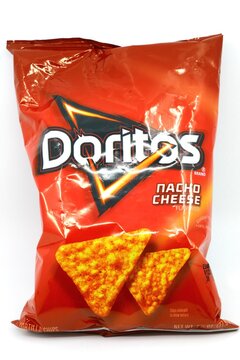 Doritos Nacho chips. Doritos are nacho cheese flavored snacks from Frito-Lay. Dana Point, California, USA - March 2