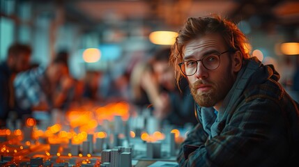 Fototapeta na wymiar A man with a beard and glasses enjoys a drink at a dark city cocktail lounge