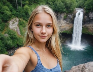 A woman with blonde hair is smiling at the camera in front of a waterfall. Scene is joyful and adventurous, as the woman is posing for a photo in a beautiful natural setting