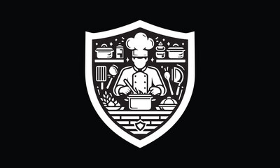 Shield with cook, cooking logo design 