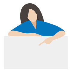 Girl pointing at a blank sheet, isolate on white, faceless illustration