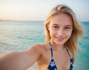Naklejka premium A blonde girl is smiling at the camera on a beach. She is wearing a bikini top