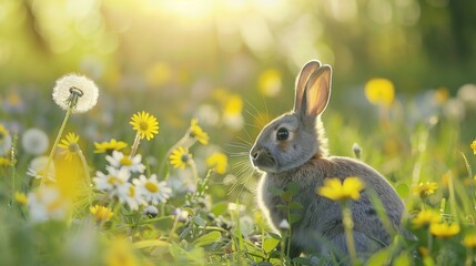 Cute little Easter bunny on a blooming meadow with daisies and dandelions. Spring flowers and green grass. Sun rays. Easter verse