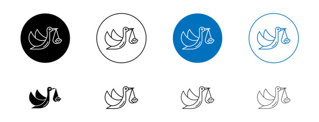 Stork with Baby Line Icon Set. New Beginnings symbol in black and blue color.