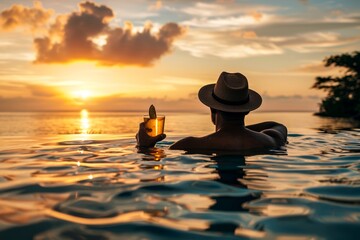 A serene moment as a man relaxes in an infinity pool with a drink, watching a beautiful sunset