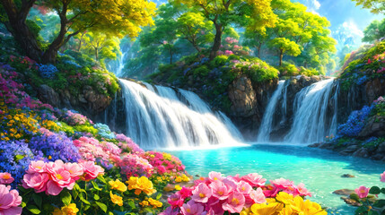 Waterfalls and flowers, beautiful landscape, magical and idyllic background with many flowers in Eden.