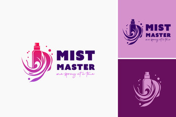 Mist Master logo design template, Closeup perfume bottle with liquid spray suitable for beauty, fragrance, cosmetics, luxury, elegance, fashion, and product advertisement projects.