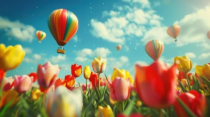 Zelfklevend Fotobehang Landscape of a blooming spring field of bright multi-colored tulips with balloons floating in the clear sky © Irina Sharnina