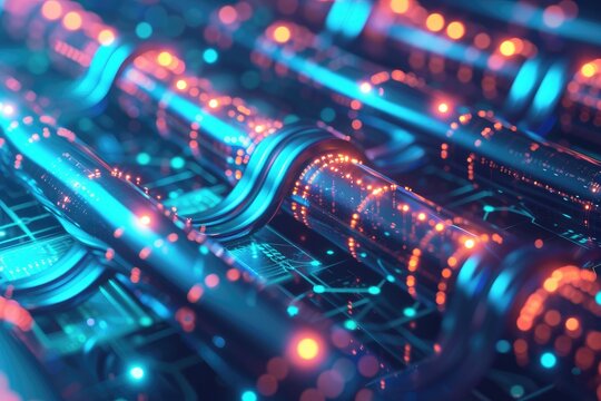 Vibrant red and blue lights illuminate dynamic fiber optic cables, symbolizing rapid data transfer and connectivity within a networked digital environment.