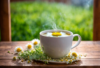 Obraz na płótnie Canvas a cup of tea with chamomile. Selective focus.