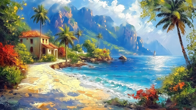 Atmospheric landscape of a small town by the caribbean sea, acrylic painting illustration