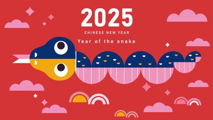 Chinese New Year 2025, year of the snake. Chinese zodiac snake in modern flat geometric style.