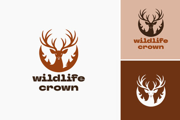 Wildlife Crown logo design template, Wildlife crown logo featuring deer head and antlers, suitable for branding, outdoors, hunting, and wilderness themed projects. 