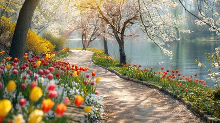 Spring scenic background. Blooming tulips in a park by the lake - obrazy, fototapety, plakaty