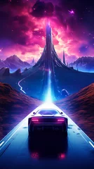 Foto op Plexiglas Driver navigating a neonglowing synthwave vehicle speeding on an illuminated futuristic highway under the starry sky © SOLO PLAYER