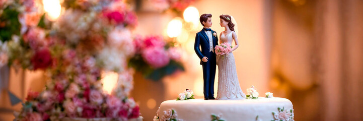 bride and groom on a wedding cake. Selective focus.