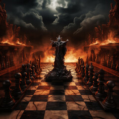 Eerie chess game with Satan lord piece at the forefront chessboard set against a backdrop of infernal flames - obrazy, fototapety, plakaty