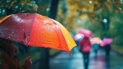 People walk down the street under bright umbrellas on a rainy day. - obrazy, fototapety, plakaty