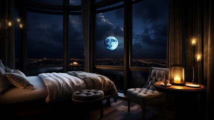  Boutique hotel suite with a corner window, creating a romantic atmosphere with a stunning view of the moon