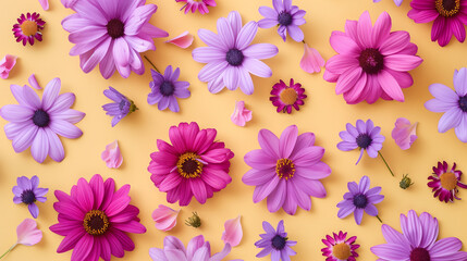 Pink and purple flowers laid flat