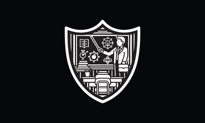 shield with teacher is teaching, books, study, teaching logo design 