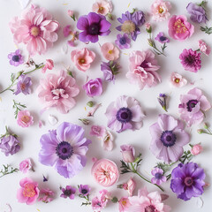 Obraz na płótnie Canvas Pink and purple flowers laid flat