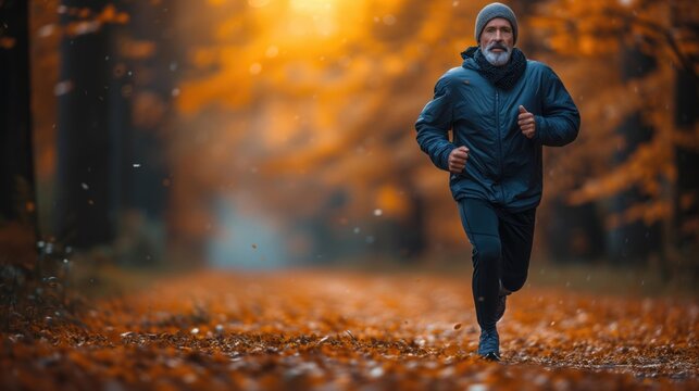 Old man jogging in autumnal park wearing running gear. Serene scene with warm light.