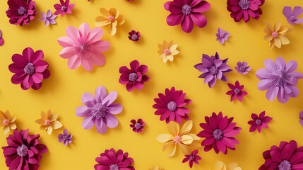 Pink and purple flowers laid flat