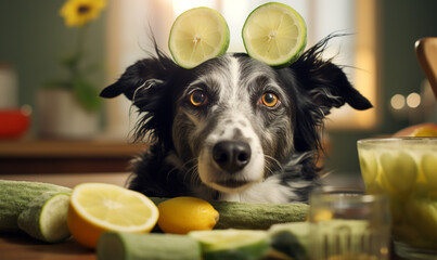 Relaxed dog with cucumber slices on eyes getting a soothing facial at a serene spa setting showcasing pet selfcare