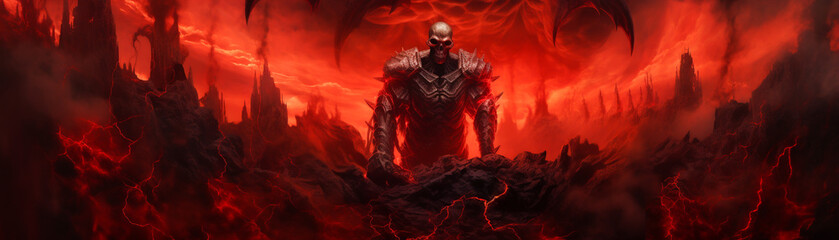 Satan lord on a throne of bones overlooking a turbulent red ocean in hell flames and smoke rising