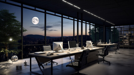 Fototapeta na wymiar Chic office space with strategically placed windows, allowing the moonlight to enhance the creative and productive environment