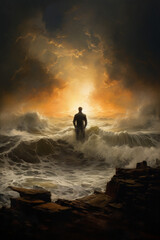 Obraz premium Solitary man facing away enveloped by the fury of crashing waves embodying resilience amidst lifes tumult