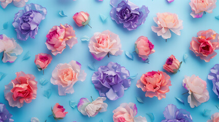 Pink and purple flowers laid flat