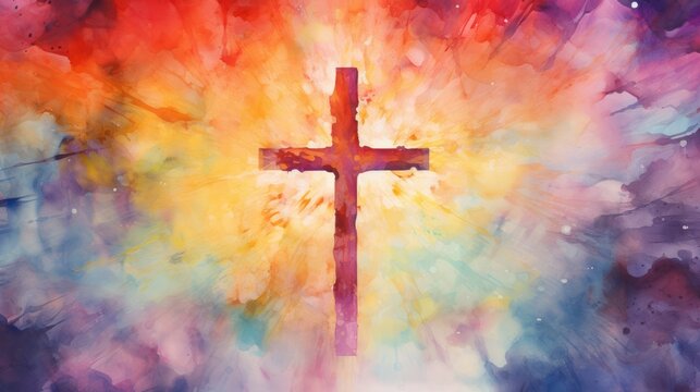 Cross of Jesus Christ on colorful watercolor background © Nico