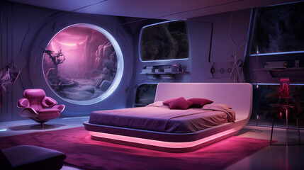 Dynamic color-changing bedroom in the future, with walls and furniture adapting to mood and preferences for a truly unique interior
