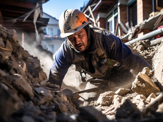 Brave rescue worker in helmet diligently clearing rubble from a collapsed house postearthquake embodying hope