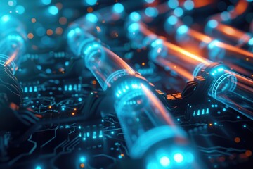 Futuristic technology concept featuring a circuit board with glowing blue and orange pipes, representing high-speed data transmission and advanced computing. - obrazy, fototapety, plakaty