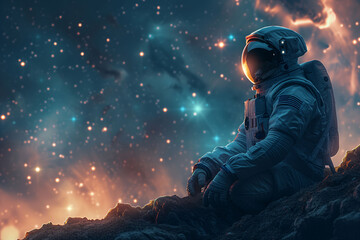 astronaut sitting in the space mountains - obrazy, fototapety, plakaty