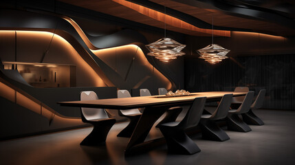 Dynamic lighting design in a future dining room, with interactive surfaces and unique fixtures defining the next level of interior aesthetics