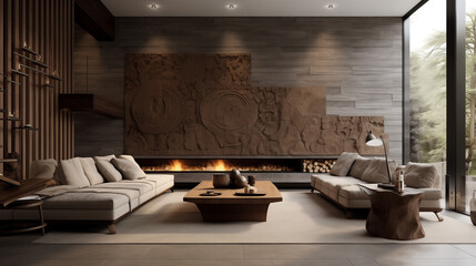  Earthy tones and intricate mud wall patterns in a contemporary living room, embracing a unique blend of traditional and modern design