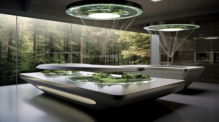 Floating island kitchen concept in a futuristic home, featuring unique suspended countertops and advanced cooking technology 
