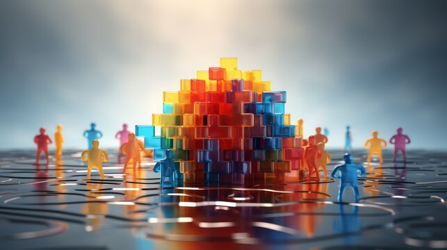 Conceptual image with group of people standing on the puzzle