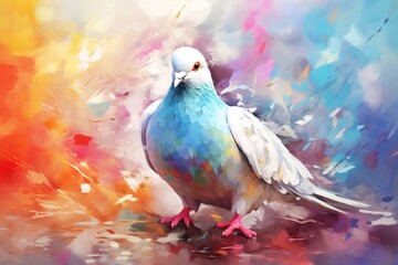 Modern colorful dove watercolor painting, vibrant paint splash. White dove Christian symbol