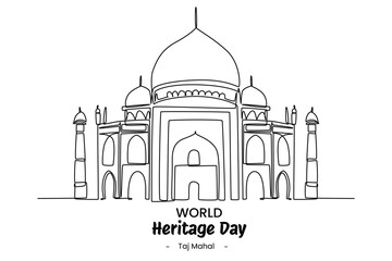 One continuous line drawing of Taj Mahal building. Beautiful historical iconic place. Home wall decor art poster print. Modern single line draw design vector graphic illustration