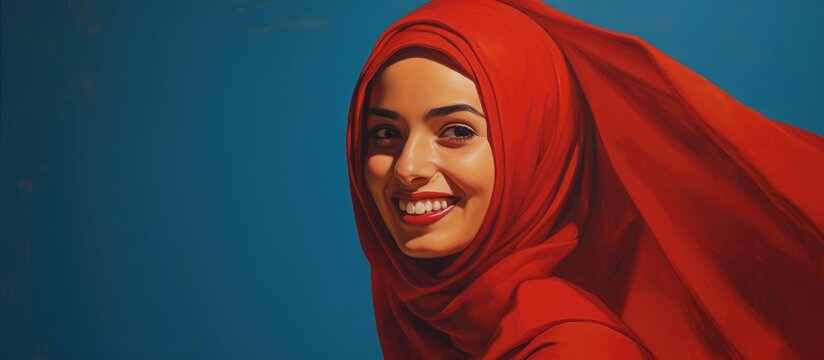 A painting depicting an Arab woman with a joyful smile wearing a vibrant red headscarf against a solid blue background. The focus is on the womans traditional attire and expression.