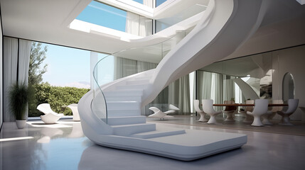  Gravity-defying staircase design in a futuristic house, showcasing a unique approach to spatial dynamics and aesthetics Gravity-defying, staircase design, futuristic house, unique, spatial dynamics, 